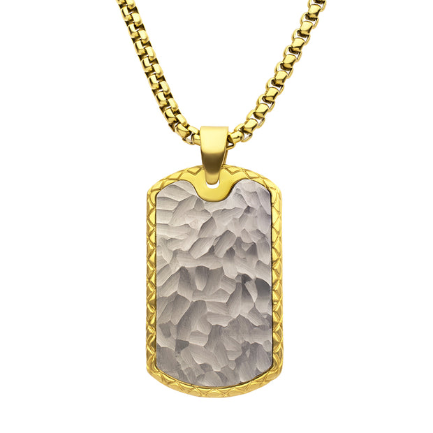 18Kt Gold IP Stainless Steel Chiseled Bold Tag Firenze Pendant with Box Chain