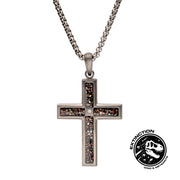 Gun Metal IP Steel Matte Finish Black Dinosaur Bone Inlay with CZ Cross Pendant