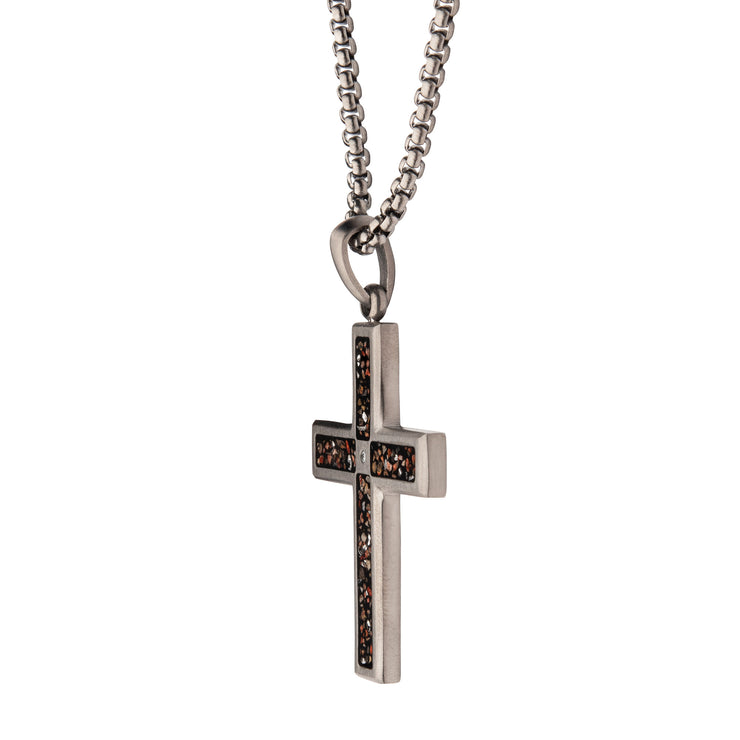 Gun Metal IP Steel Matte Finish Black Dinosaur Bone Inlay with CZ Cross Pendant