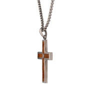 Gun Metal IP Steel Matte Finish Whiskey Barrel Wood Inlay with CZ Cross Pendant