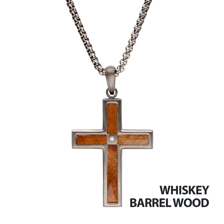 Gun Metal IP Steel Matte Finish Whiskey Barrel Wood Inlay with CZ Cross Pendant