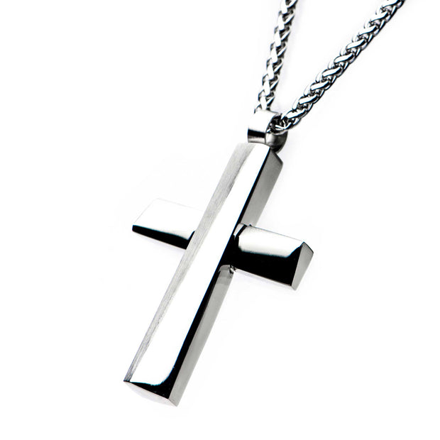 Steel Cross Pendant with Steel Round Wheat Chain