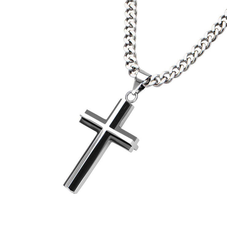 Black IP & Steel 3D Cross Pendant