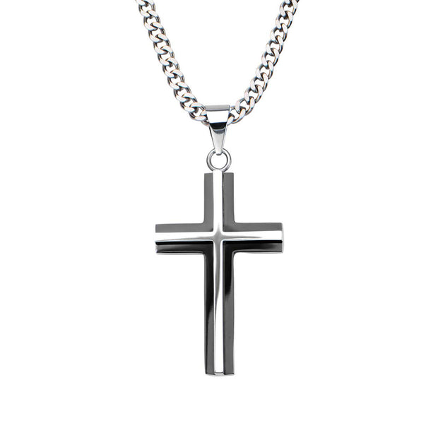 Black IP & Steel 3D Cross Pendant