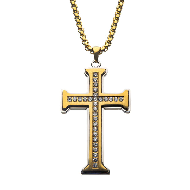 Clear CZ Gold IP Cross Pendant in a Steel Frame with Chain