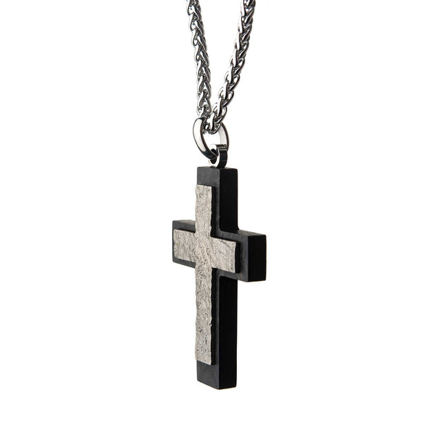 Steel Carbon Fiber Cross Pendant with Steel Wheat Chain