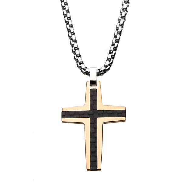 Black & Rose Gold IP with Carbon Fiber Link Inlay Cross Pendant with Steel Chain