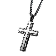 Damascus Steel Cross Pendant with Black Round Wheat Chain