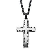 Damascus Steel Cross Pendant with Black Round Wheat Chain