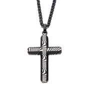 Stainless Steel & Black IP Damascus Cross Pendant with Black Round Wheat Chain