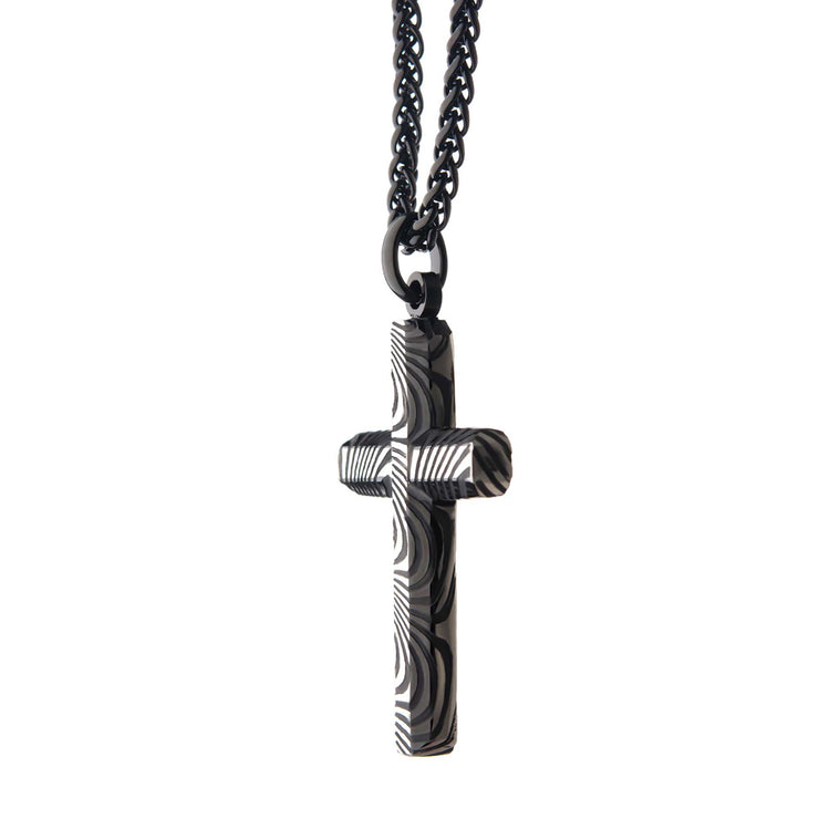 Stainless Steel & Black IP Damascus Cross Pendant with Black Round Wheat Chain