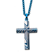 Blue IP Damascus Cross Pendant with Blue Round Wheat Chain