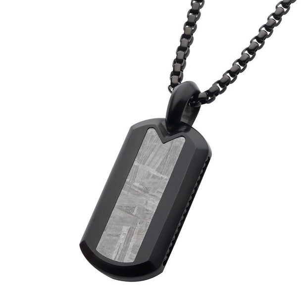 Meteorite Inlay Dog Tag Pendant with Black IP Box Chain