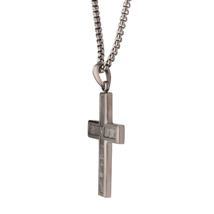 Gun Metal IP Steel Matte Finish Meteorite Inlay with CZ Cross Pendant