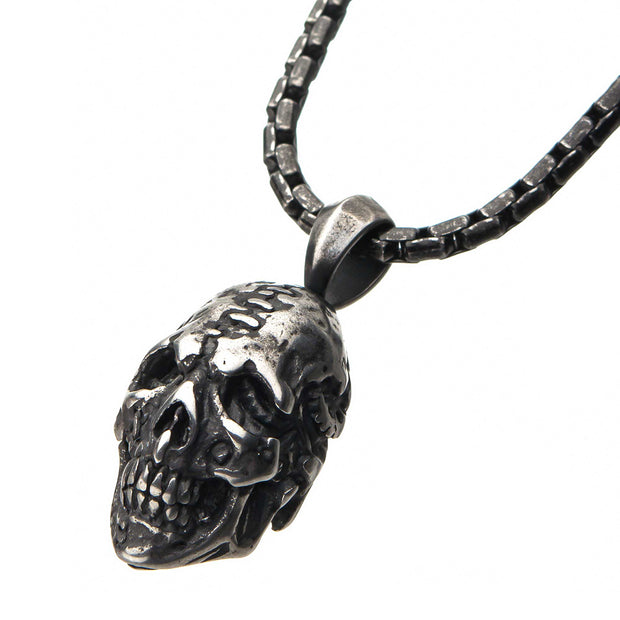 Stainless Steel Antique Silver Skull Head Pendant with Chain