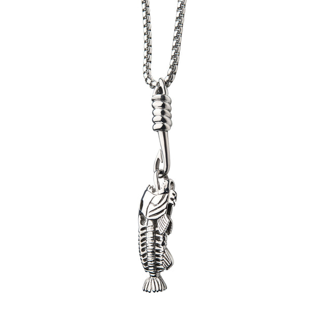 Polished Steel Fishbone Pendant with Hook & Box Chain