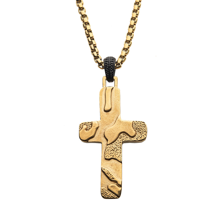 Gold IP 3D Canyon Pattern Pendant with Box Chain