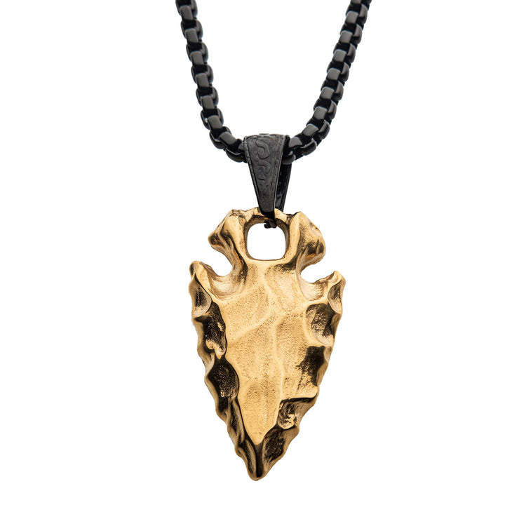 Gold IP Chiseled Arrowhead Pendant with Box Chain