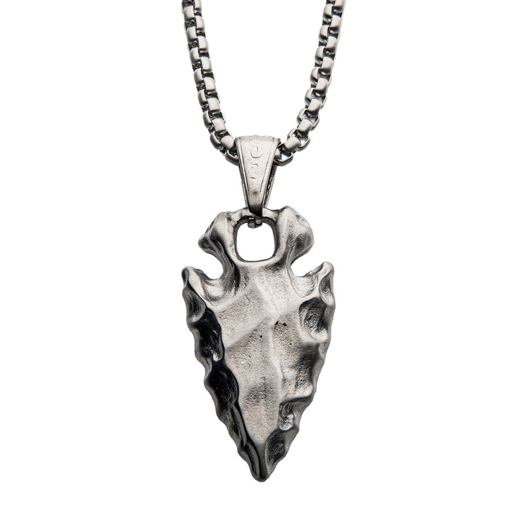 Brushed Steel Chiseled Arrowhead Pendant with Box Chain