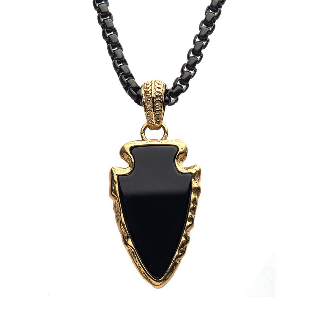 Black Agate Stone with Gold IP Frame Pendant on a Polished Gold IP Bail with Polished Black IP Box Chain