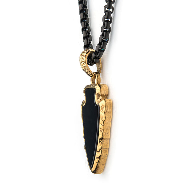 Black Agate Stone with Gold IP Frame Pendant on a Polished Gold IP Bail with Polished Black IP Box Chain