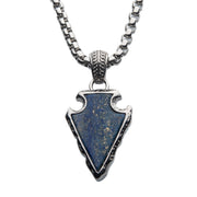 Lapis Lazuli Stone with Polished Steel Frame Pendant with Polished Steel Box Chain