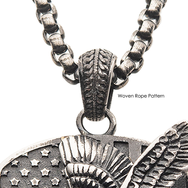 Gun Metal IP Rugged American Flag with Polished Steel 3D Eagle Pendant