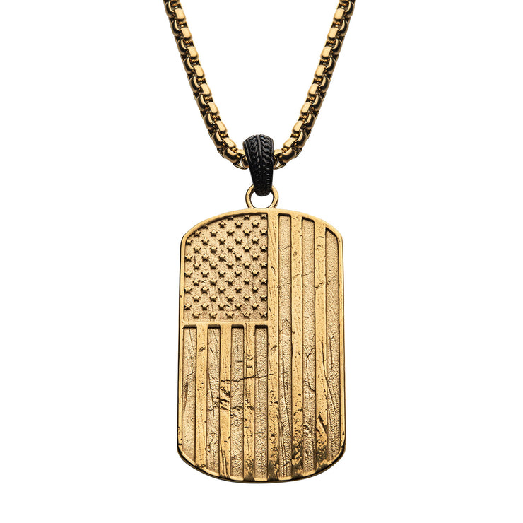 Polished Gold IP Rugged American Flag Pendant on a Polished Black IP Bail