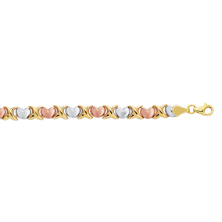 14K Tri-color Gold X & O Heart Stampato Bracelet