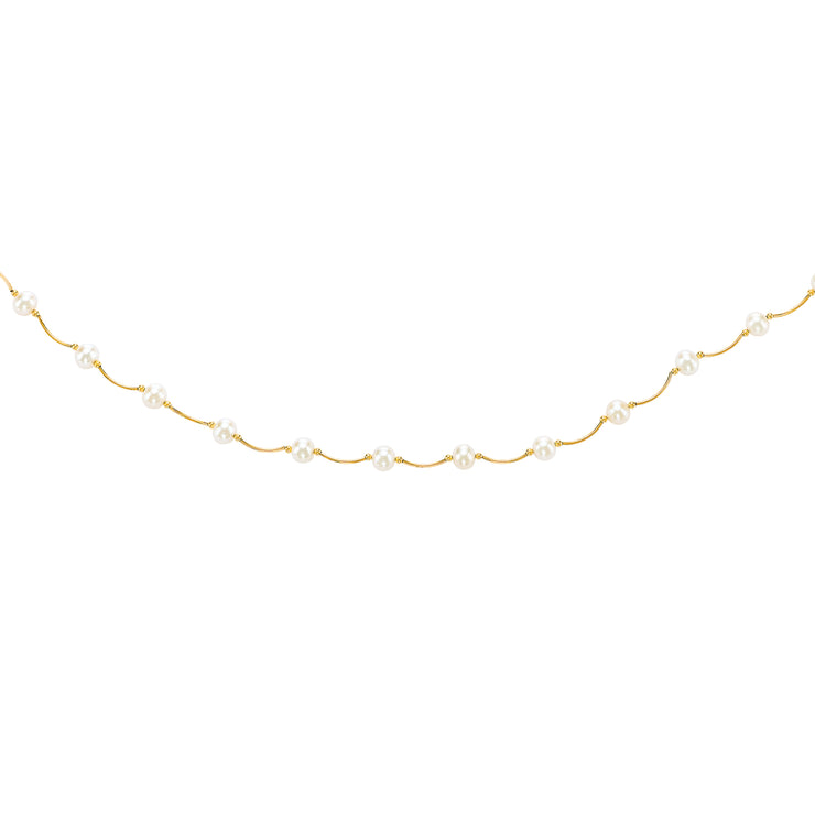 14K Gold Pearl Station Scalloped Necklace