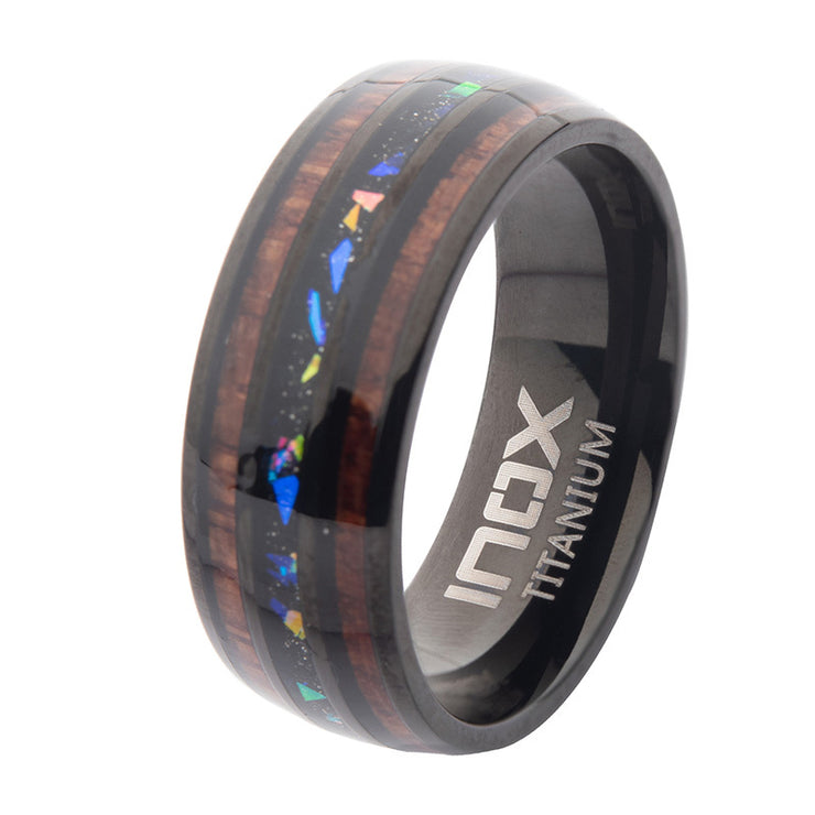 Titanium Black IP Wood & Opal Inlay Ring