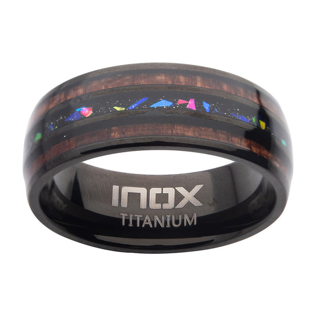 Titanium Black IP Wood & Opal Inlay Ring