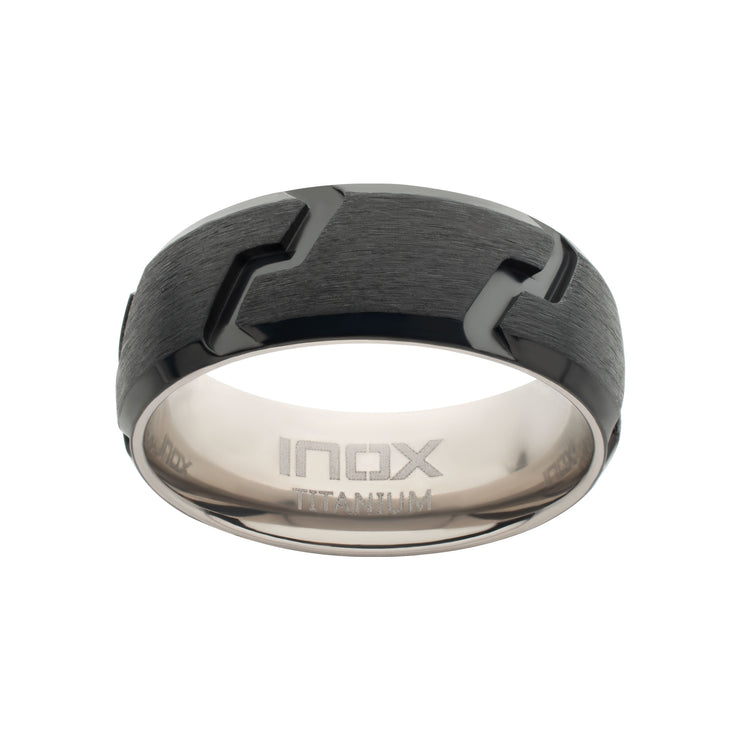 Black IP Titanium Matte Black Tread Pattern Ring with Half Sizes