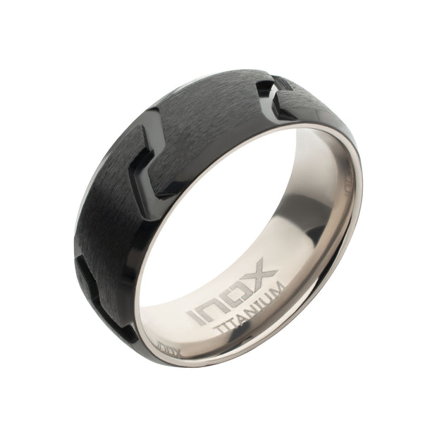 Black IP Titanium Matte Black Tread Pattern Ring with Half Sizes