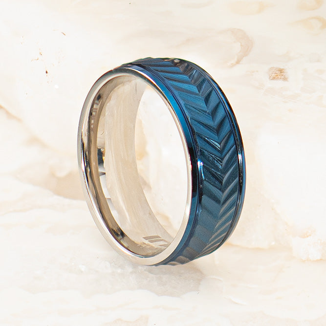 Blue IP Titanium Matte Finish Chevron Comfort Fit Ring