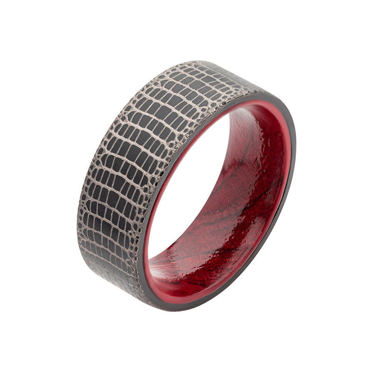 Titanium Black IP with Reptile Skin Pattern with Inner Rosewood Comfort Fit Ring