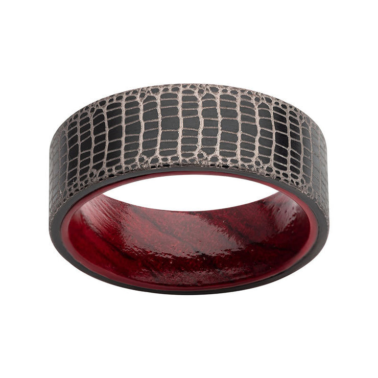 Titanium Black IP with Reptile Skin Pattern with Inner Rosewood Comfort Fit Ring