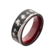 Titanium Black IP with Tropical Palm Treeline Design with Inner Rosewood Comfort Fit Ring