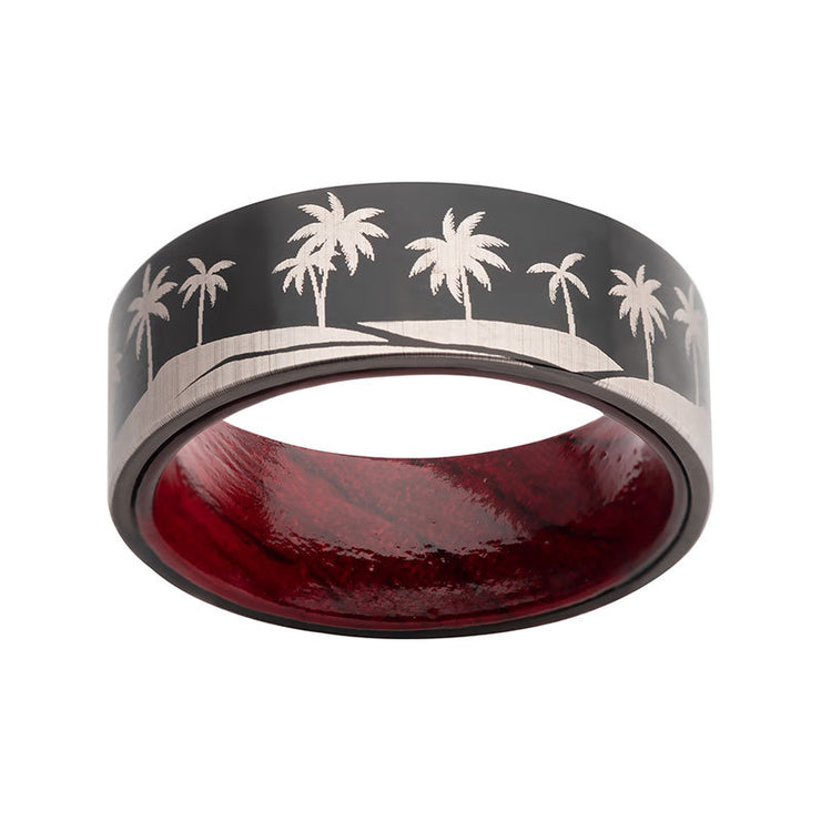 Titanium Black IP with Tropical Palm Treeline Design with Inner Rosewood Comfort Fit Ring