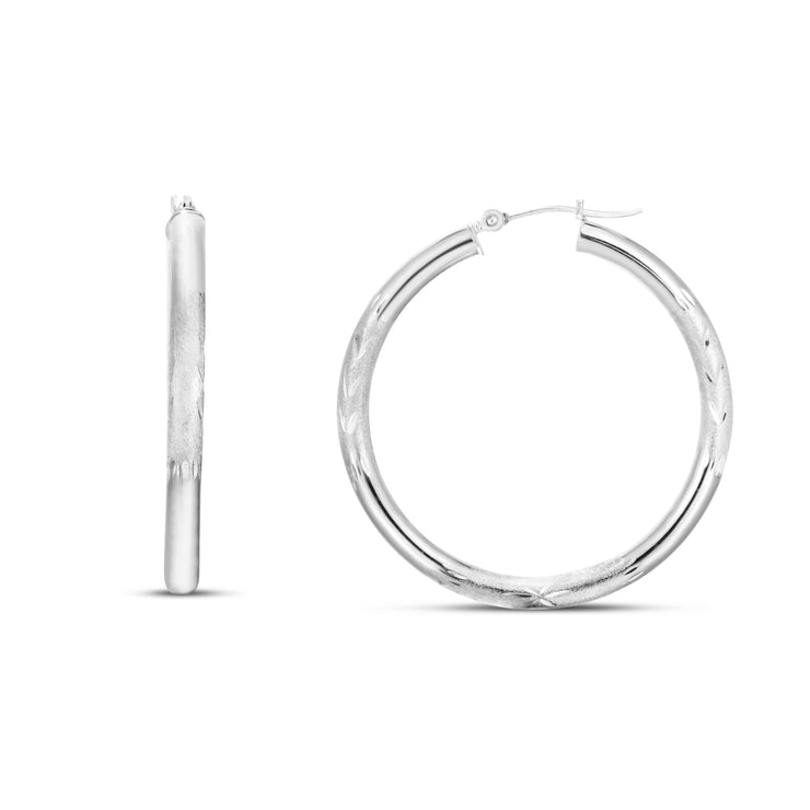 14K White Gold 3mm Diamond Cut & Polished Design Hoop Earring