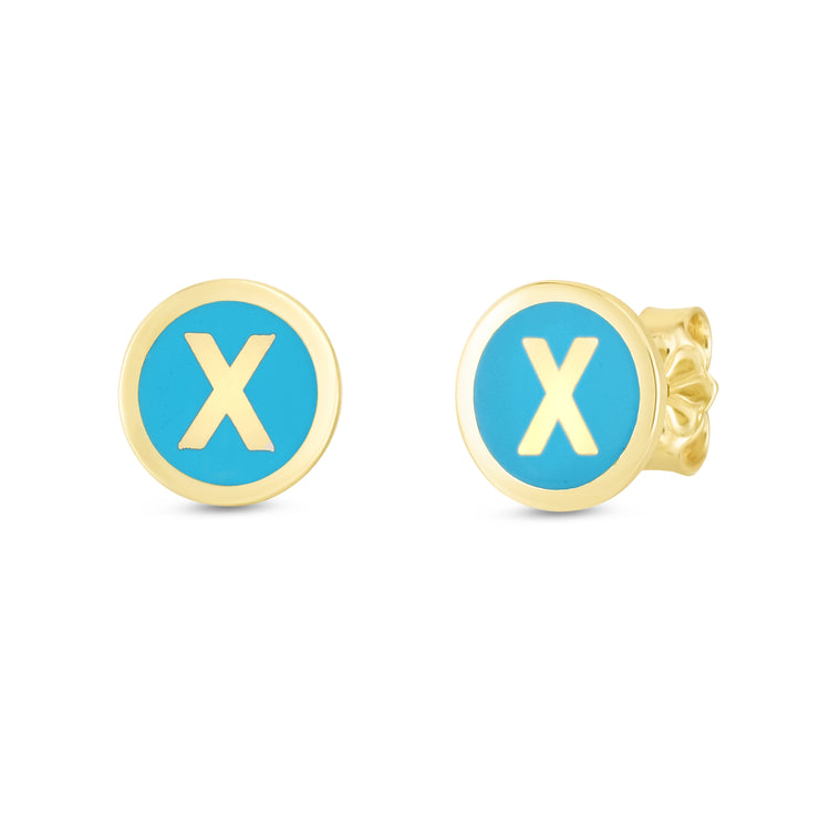 14K Turquoise Enamel X Initial Studs