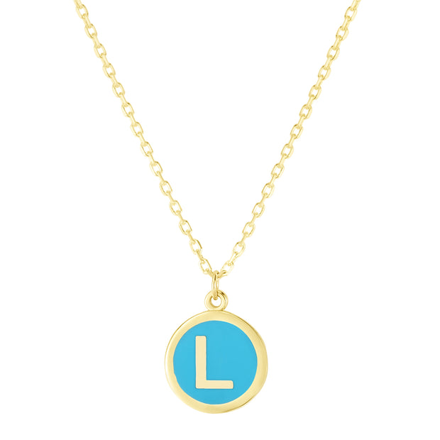 14K Turquoise Enamel L Initial Necklace