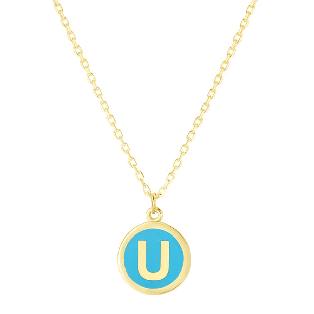 14K Turquoise Enamel U Initial Necklace